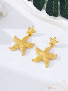 一对时尚夸张创意金属海洋风海星耳环，适合女性日常佩戴、海滩度假旅行 - 金黃色 - 查看 5