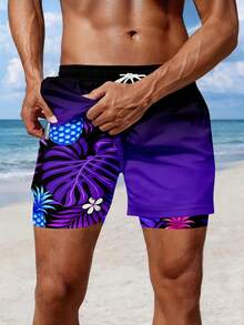 男士热带植物印花双层沙滩短裤 - 彩色 - 查看 1