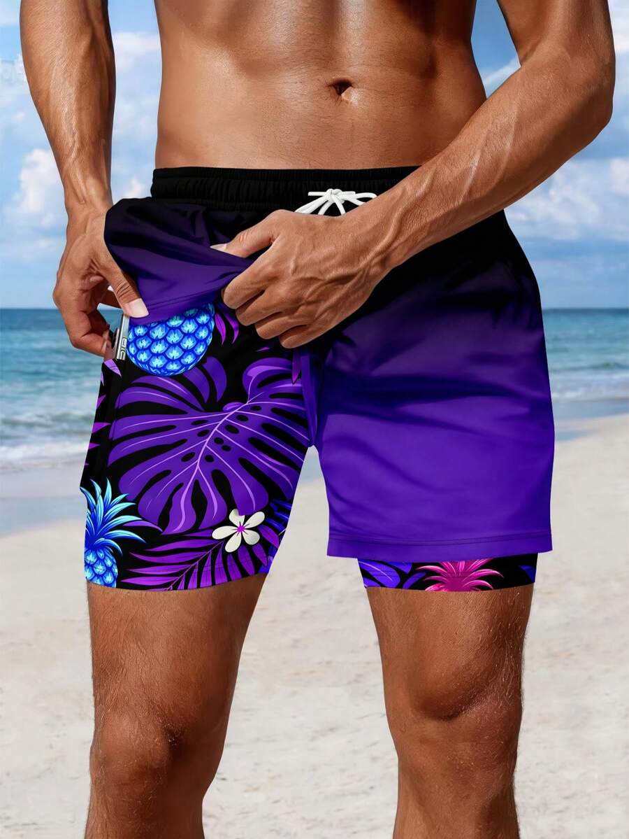 男士热带植物印花双层沙滩短裤 - 彩色 - 查看 1