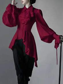 Women's Elegant Lolita Gothic Style Collared Long Sleeve Versatile Blouse, Solid Color Woven Fabric With Ruffle/Frill Trim, Adjustable Back, Spring/Summer Shirt - Red - View 4