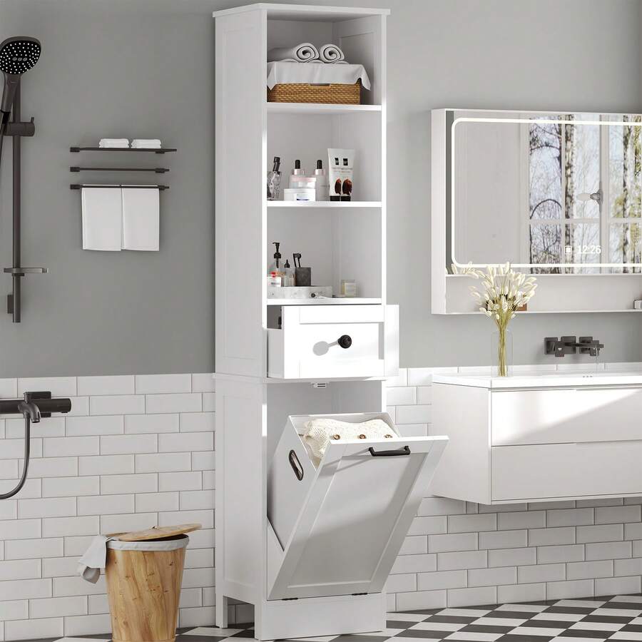 Tall Slim Bathroom Storage Cabinet With Removable Laundry Basket: 4-Shelf Freestanding Organizer + Waterproof Acrylic Door | Ideal For Bathroom/Laundry Room - 白色 - 查看 1
