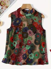 Blusa casual sin mangas para mujer, de longitud regular, con diseño de cuello alto y estampado floral vibrante para el verano - Multicolor - Ver 1