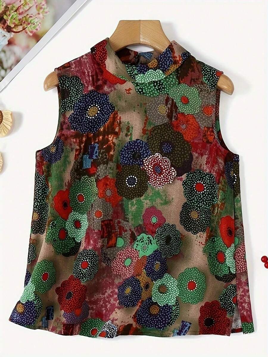 Blusa casual sin mangas para mujer, de longitud regular, con diseño de cuello alto y estampado floral vibrante para el verano - Multicolor - Ver 1