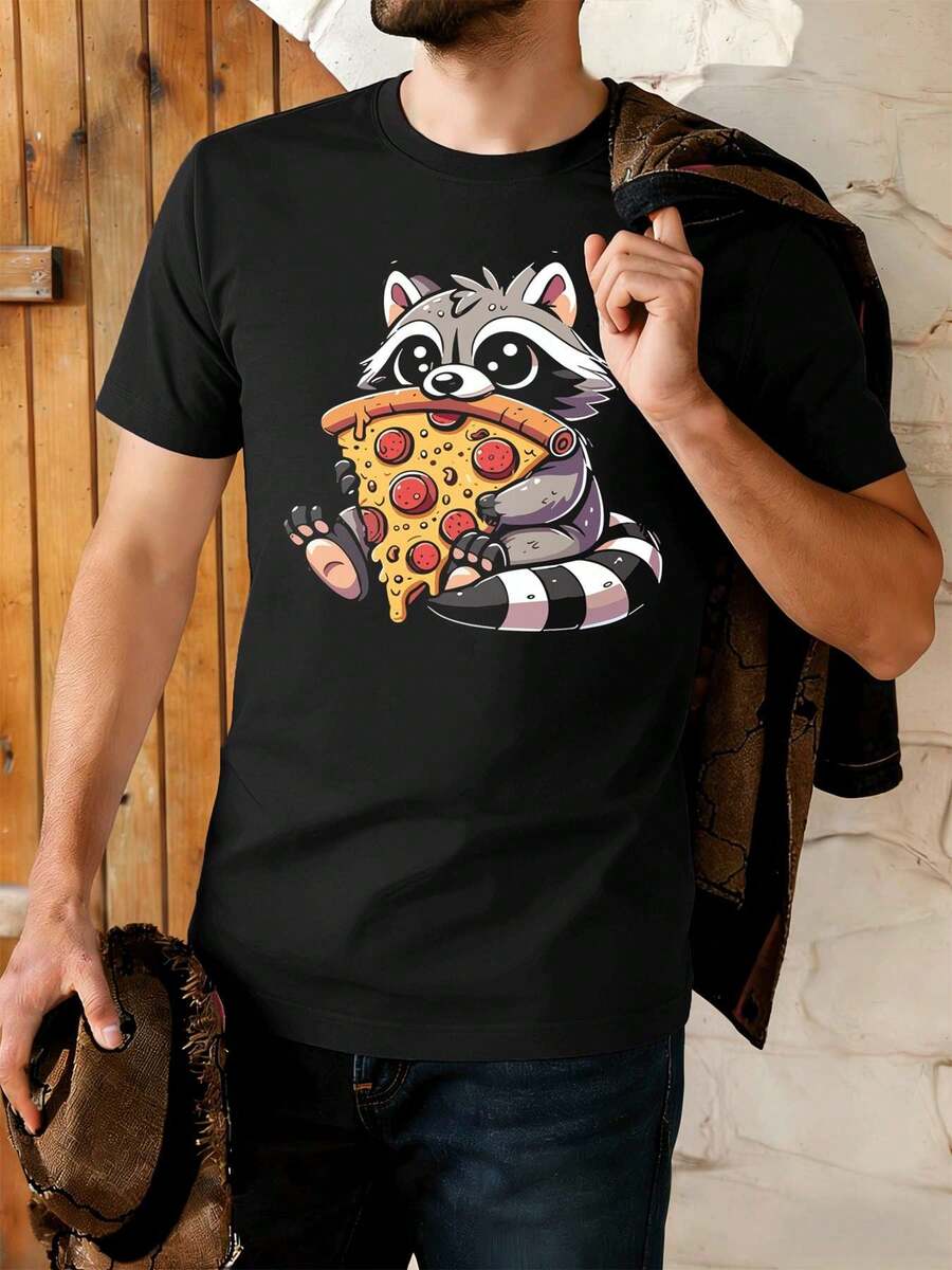 PLUS SIZE Cute Raccoon Pizza Graphic TShirt Fall, Premium Fabric, Loose Fit, Breathable, Casual, Art Print - Black - View 1