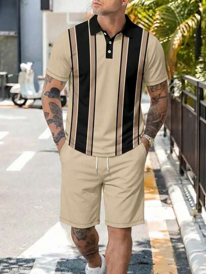 Conjunto de camisa polo de manga corta a rayas y pantalones cortos para hombre, adecuado para uso casual, vacaciones y uso diario