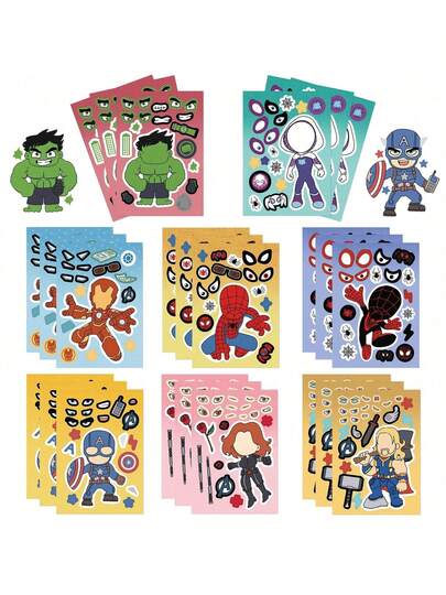 Marvel 8pcs/Set Of Children's Puzzle Stickers, Spider Man/Iron- Man Face Funny Anime Assembly Stickers, Luggage Decoration, Phone Decoration, Ice And Snow Decoration, Etc., Children's Toys, Boys And Girls, Birthday Gifts, Party Gifts