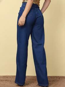 Women's Wide Leg Jeans In Lycra, Elegant, Sensual, Casual, Plus Size, 100% Cotton - 深色水洗藍 - 查看 2