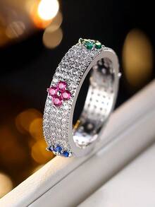 1pc Micro-Inlaid Zirconia Colorful Flower Ring, Versatile Elegant Finger Ring For Women - Ring - View 22