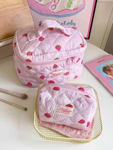 1pc/Set Cute Pink Quilted Makeup Bag, Strawberry Pattern Cosmetic Bag Set, Girls Toiletry Storage Pouch With Zipper, Pink Striped Print Makeup Organizer Bag, Large Capacity Cosmetic Bag - Pink - View 12