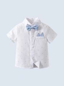 BOARNSEORL 2pcs Young Boys Gentleman Outfit - Short Sleeve Collared Shirt With Bow Tie And Blue Suspender Shorts, Fashionable And Elegant For Birthday Party, Formal Occasion, Wedding, Holiday Events - Màu xanh nhạt - Xem 6