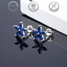1 Pair Minimalist Elegant 925 Silver Flower Earrings Inlaid With Blue Synthetic Cubic Zirconia, Suitable For Daily, Party, Holiday, Date, Gift - Silver - View 5
