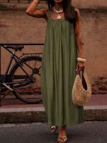 Damen Frühling/Sommer Kleid mit quadratischem Ausschnitt, breiten Trägern, Raffungen und locker fallendem A-Linie Schnitt, ideal für Urlaub und Partys, elegant - Armeegrün - Übersicht 3