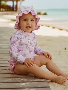 Toddler Baby Girl Silly Goose Swimsuit Floral Bow Print Long Sleeve Rash Guard And Hat 2 Piece Infant Bathing Suits Swimwear - Pink - View 3