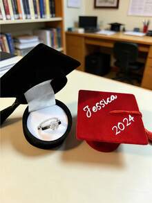 Customized Name Jewelry Box, Graduation Cap Ring Box, Customized Name Velvet Graduation Cap Gift Box, Elegant Black Ring Box With Soft Lining, Graduation Ring Box Suitable For Men And Women, Personalized Graduation Souvenir, Suitable For Proposal, Wedding, Anniversary, Graduation, Valentine's Day, Graduation Gift - Multicolor - View 2