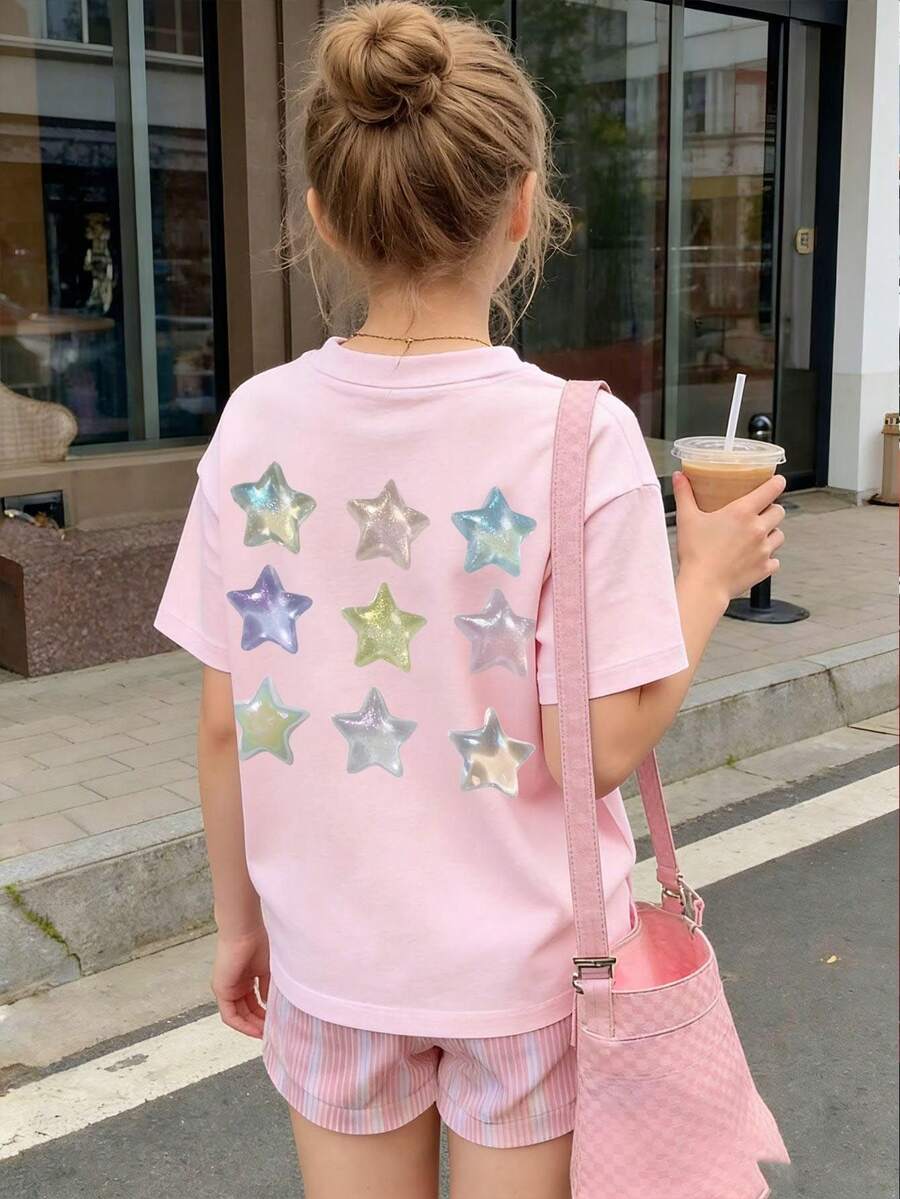 1件Y2K星空印花短袖T恤，少女学生夏季上衣 - 粉色 - 查看 1