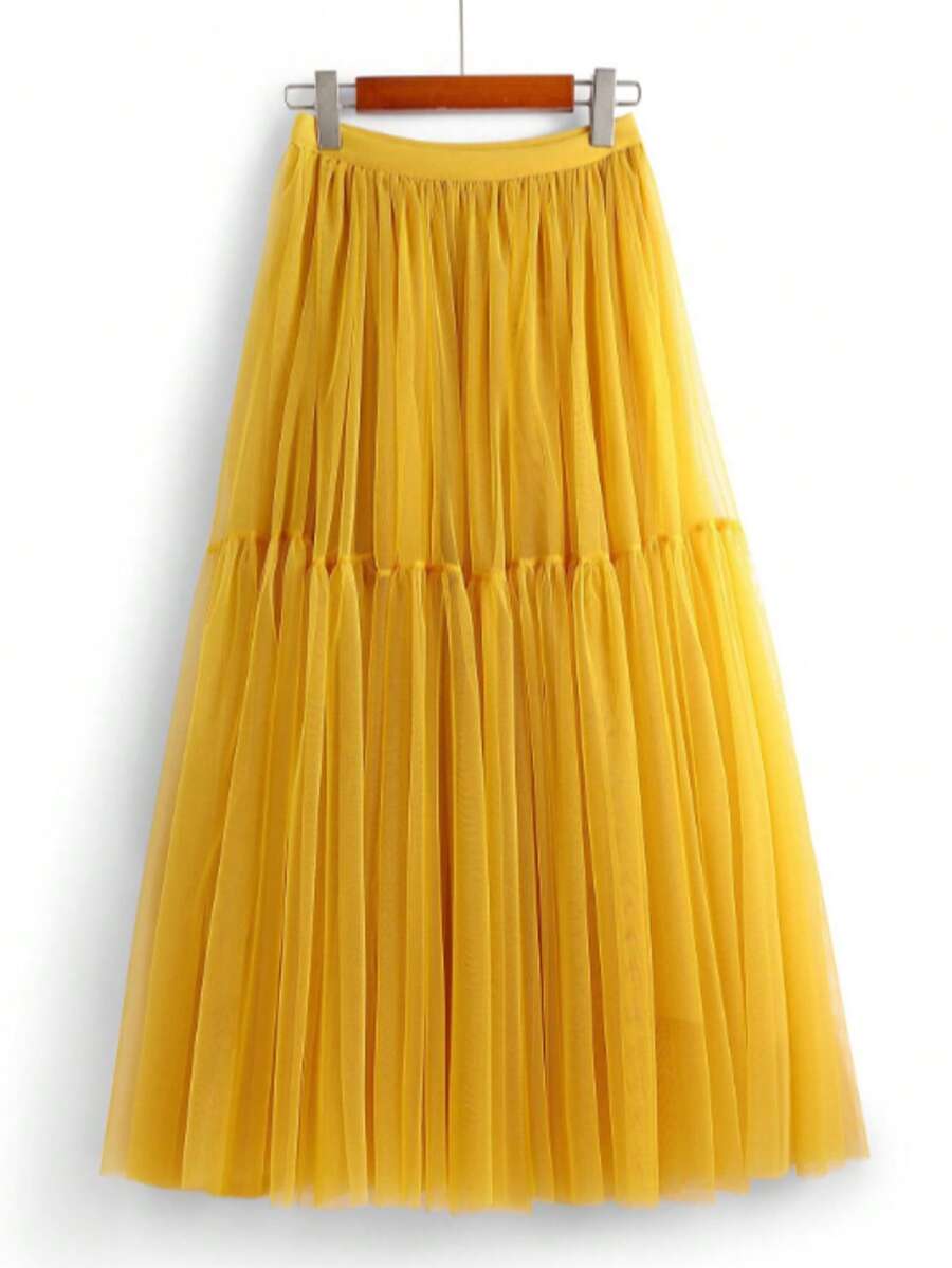 Elegant Women's New High Waist Slimming Mesh Layered A-Line Skirt Spring Yellow - Yellow - View 1
