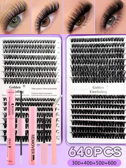 640Pcs Reusable DIY Lash Cluster Kit | 30D/40D/50D/60D D Curl 8-18mm Natural Fluffy Lashes | All-In-One Set With Applicator, Glue & Remover | Easy At-Home Lash Extensions