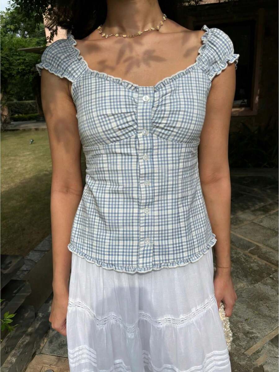 Women Y2k Fairy Grunge Shirts Puff Sleeve Button-Up Ruffle Hem Babydoll Tops Coquette Aesthetic Tee Shirt - Màu xanh lam - Xem 1