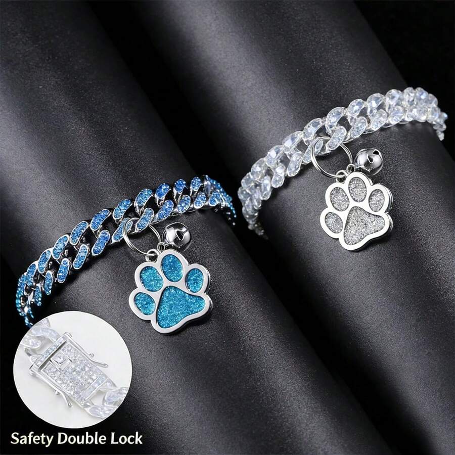 两件套奢华嘻哈风狗狗项链套装，经典链镶嵌闪亮水钻，高端宠物项圈，佩戴舒适，适合日常和派对场合。 - 彩色 - 查看 1