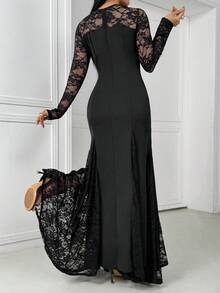 Women's Contrast Lace Round Neck Long Sleeve Elegant Arabic Style Dress - Black - View 2