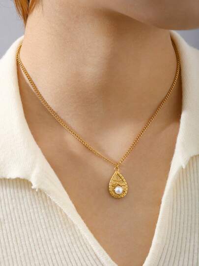 TONSI 1pc Elegant French Retro Luxury 18K Gold Plated Stainless Steel Pearl Teardrop Pendant Necklace, Suitable For Women's Holidays, Birthdays, Work, Daily Wear, Parties, Gatherings