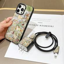A Five-Piece Set Including A Charger Case With A Rabbit, Flower, And Reindeer Pattern, A Charging Cable Protector, A Silicone Cable Organizer, And A Charging Cable Winding Strap. Features Patterned TPU Soft Case, Full Protection, Drop-Resistant Transparent Charger, And Transparent TPU Phone Case. - Multicolor - View 2