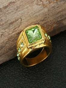 1pc Men's Fashion Elegant Light Green Zirconia Ring, Wedding Engagement Party Jewelry Gift - Gold - View 2