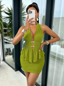 AIJ Bộ đồ 2 món Amarilo dành cho nữ, chất liệu vải trơn có họa tiết, cổ trễ vai, áo khoác cardigan xếp ly khoét lỗ kết hợp với chân váy xẻ tà, thích hợp cho mùa hè. - cỏ xanh - Xem 3