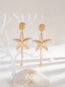 2pcs/Set Metallic Seashell, Starfish & Faux Pearl Tassel Pendant Earrings, Luxurious & Elegant, Suitable For Wedding, Party, Beach Vacation, Casual Daily Wear, Street Style Photography, Unisex Gift - Earring - View 4