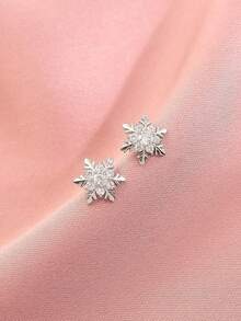 1对S925纯银甜美清新雪花耳钉，女士时尚锆石镶嵌耳环，小巧优雅耳环，节日礼物 - 雪花 - 查看 5