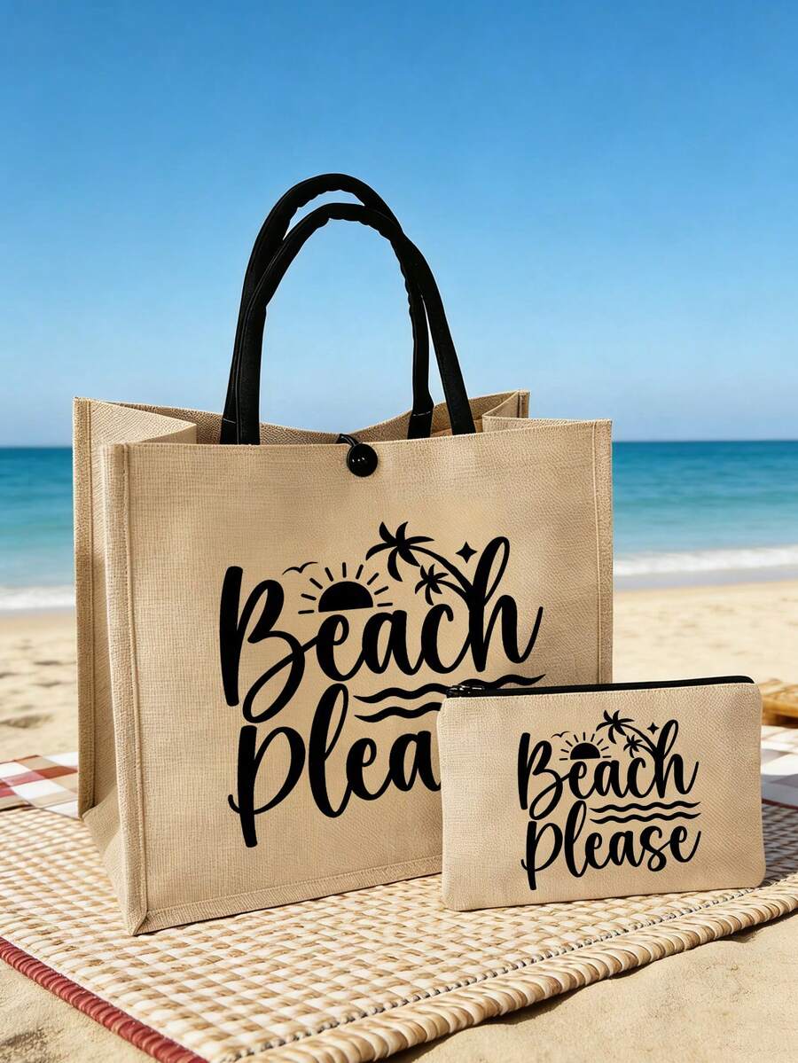 大容量手提袋,印有黑色“Beach Please”字样,便携大容量购物袋,多功能收纳袋,亚麻手柄手提袋,适合海滩旅行、度假、野餐、超市购物、日常携带,轻便夏季女士手提袋,情人节、生日、返校、海滩游玩、蜜月旅行、母亲节礼物 - 彩色 - 查看 1