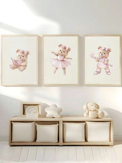 1pc Canvas Wall Art - Baby Goods, Vintage Tennis Bear Nursery Decor, Tennis-Playing Bear Girl's Room Decor, Bear-Themed Children's Room Decor, Pink Bow Bear Poster, Retro Teddy Bear, Framed Nursery Wall Art. Perfectly Suited For Playroom Decor, Nursery Decor, Kindergarten Decor, Boys' Room Decor, Girls' Bedroom Decor, Children's Room Decor.