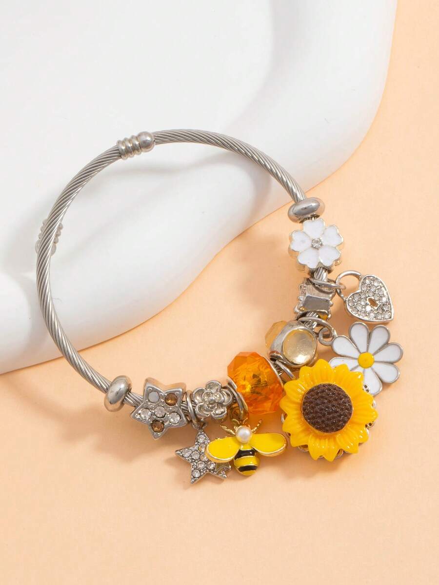 1件装 时尚夏季DIY爱心、蜜蜂、向日葵花朵手链，不锈钢开口手镯，蝴蝶吊坠手链，适合女孩佩戴 - 手鍊 - 查看 1