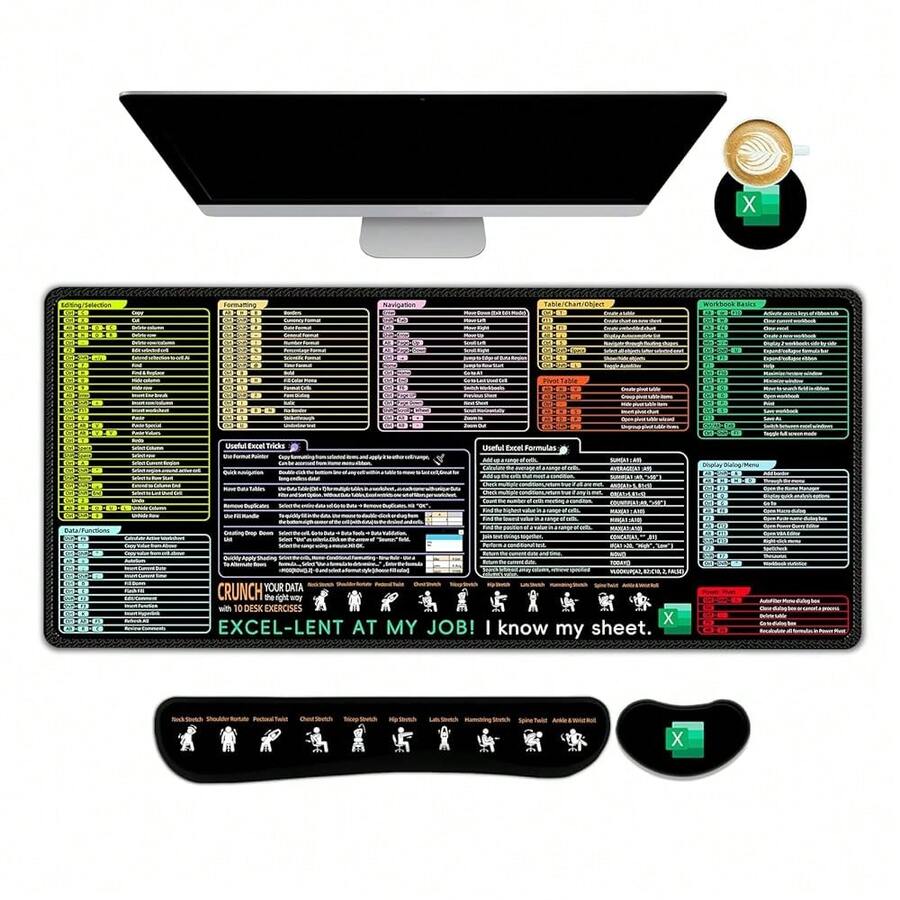 Excel Cheat Sheet Desk Pad Set, Updated Shortcuts Pad And Keyboard Wrist Rest, Keyboard Shortcut XL Gaming Desk Mat For Office Computer, Black - BlackExcel快捷方式 - 查看 1