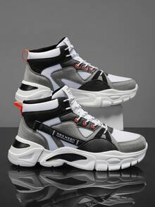 Men's Personalized Colorblock High-Top Thick Sole Shoes, Comfortable Versatile Casual Shoes With Breathable Mesh And Orange Accent Design, Suitable For Daily Wear And Outdoor Activities - white ash - View 2