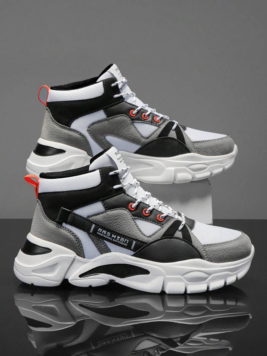 Men's Personalized Colorblock High-Top Thick Sole Shoes, Comfortable Versatile Casual Shoes With Breathable Mesh And Orange Accent Design, Suitable For Daily Wear And Outdoor Activities