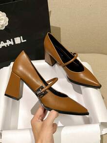 2026 Primavera Nuevos Zapatos de Tacón Alto de Moda para Mujer, Casual de unicolor Beige, Negro, Marrón, Puntera Metálica, Elegante Mocasín de Tacón Grueso Minimalista - Marrón - Ver 4
