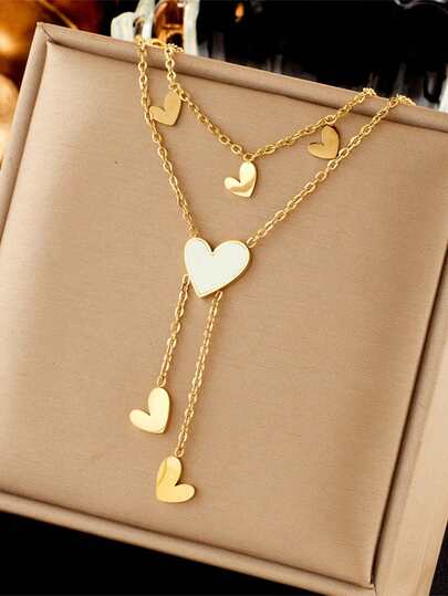 RAYQUEEN Collar con colgante de corazón de doble capa - Material de acero inoxidable, detalles de concha, estilo minimalista sexy, sin electrochapado, detalles con borlas, adecuado para uso diario y fiestas