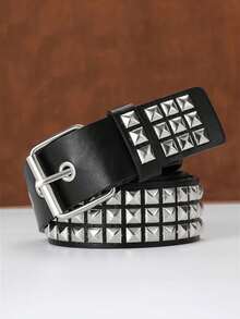 1件男女通用铆钉腰带，金属方珠金字塔腰带，欧美朋克风格配饰 - 黑色 - 查看 12