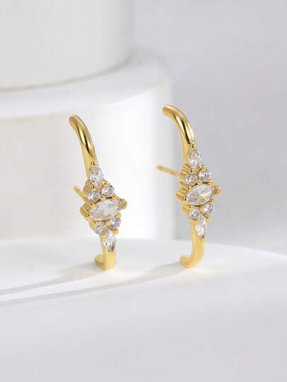 Women's Gold-Plated Asymmetric Earrings With Zirconia Inlaid Horse Eye & Round Shapes, Minimalist Elegant Style For Daily Wear And Work, Fashionable Gift