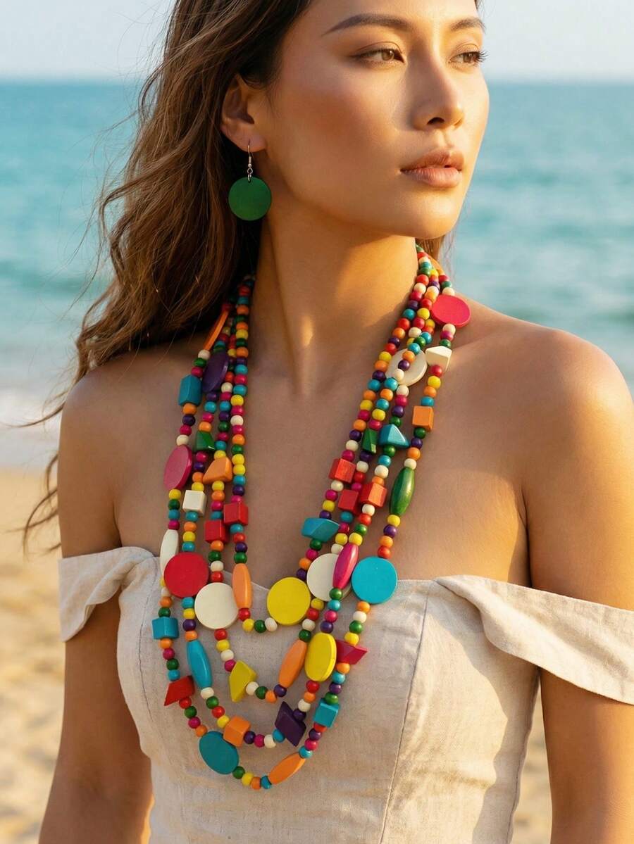1 Set Bohemian Style Women's Wooden Bead Necklace, Jewelry Set For Ladies Beach Holiday Wear - Multicolor - View 1
