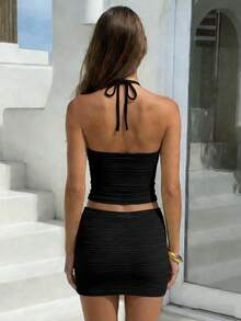 Spring/Summer Sexy 2 Pieces Set, Beaded Halter Backless Top And Bodycon Mini Skirt, Suitable For Vacation, Date, And Daily Wear Black - Black - View 7