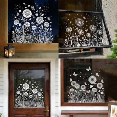 1/3pcsSimple And Elegant Floral And Plant Window Stickers, Reusable PVC Electrostatic Adsorption, Suitable For Florist Windows, Cafes, Kitchens, Bedroom Decorations, And Spring Party Gifts.