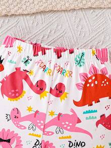 2pcs Baby Girls' White Sleeveless Top With Dinosaur Print & Pink Dinosaur Cartoon All-Over Print Shorts Set, Spring/Summer - Pink - View 7