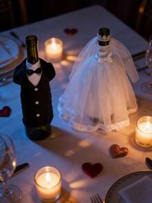 1 set decor pentru sticlă de vin de nuntă, ținută formală pentru mire și mire, decorare masă pentru petrecere de nuntă, cadou de aniversare - Multicolor - Vizualizare 8