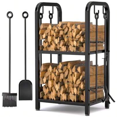 Gdshsdg Firewood Rack Indoor 2-Tier Firewood Rack Outdoor With 4 Pieces Fireplace Tools Set Heavy Duty Log Wood Holder For Fireplace Fire Pit Wood Stove Black