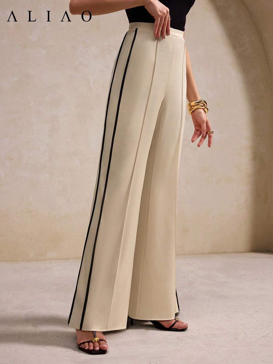 Aliao High-End Black Double Stripes On The Sides Wide-Leg Pants, Vacation Outfits ,Business Casual Woman, Modest, Wedding Season, Valentine's Day Outfit, Old Money Style, Court Style, New Year Outfit - Apricot - View 1