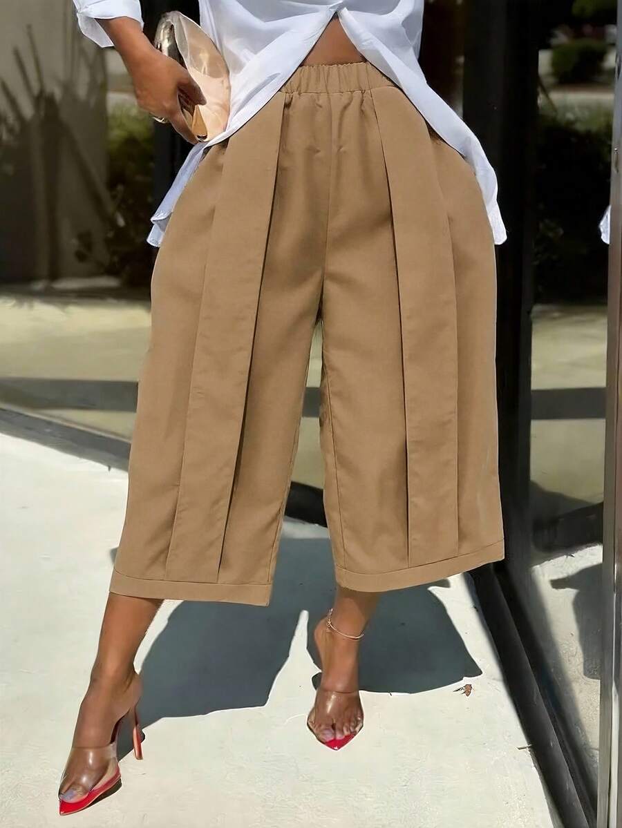 1pc Women's Fashionable Casual Solid Color Wide Leg Capri Pants, Comfortable Casual Patchwork Design, Wide Leg Pants Suit For Daily Commute & Work, Spring/Summer - Khaki - View 1