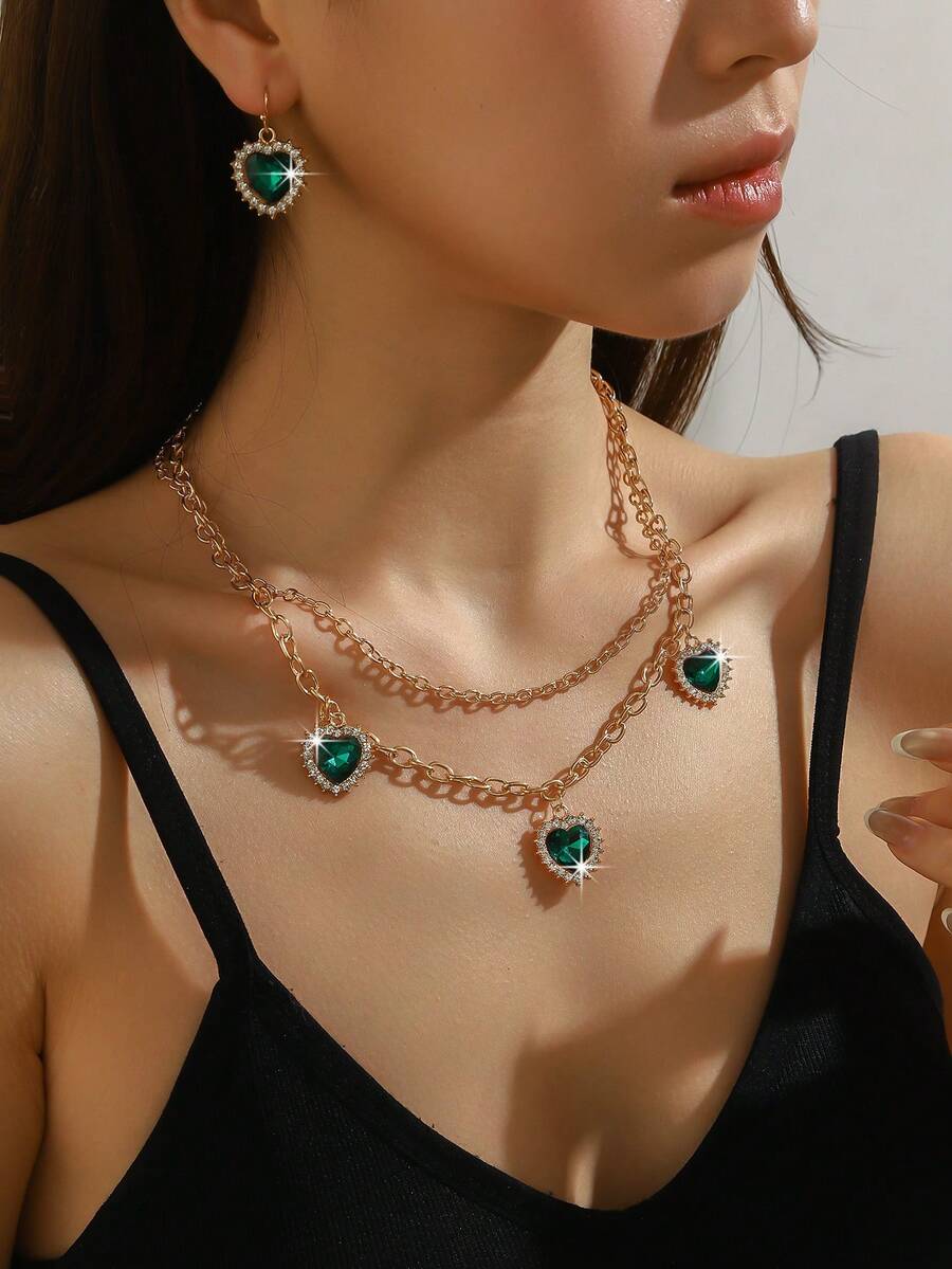 欧美新款水晶心形吊坠项链耳环首饰套装 - 愛心 - 查看 1