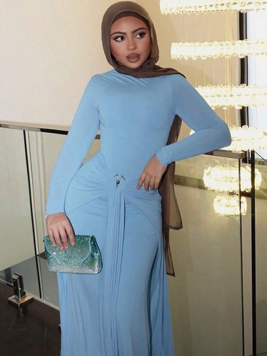 Fashionable Slim Fit And Slimming Lady Style Banquet Party Street Women's Clothing Solid Color Temperament Elegant Long Sleeved Decorative Buckle Strap Dress For Women - 藍色 - 查看 1